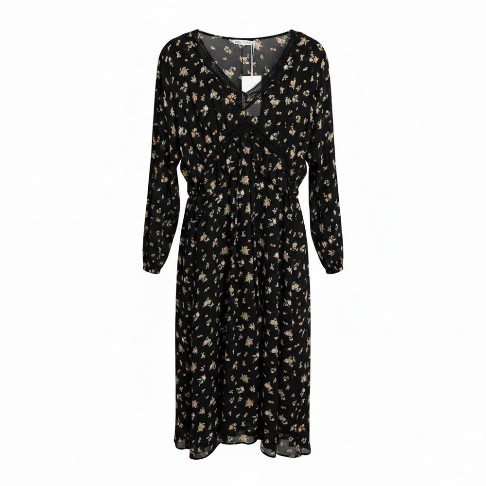Zara Midi Dress Womens L Black Floral V-Neck Lace Trim Ruffle Boho Long Sleeve